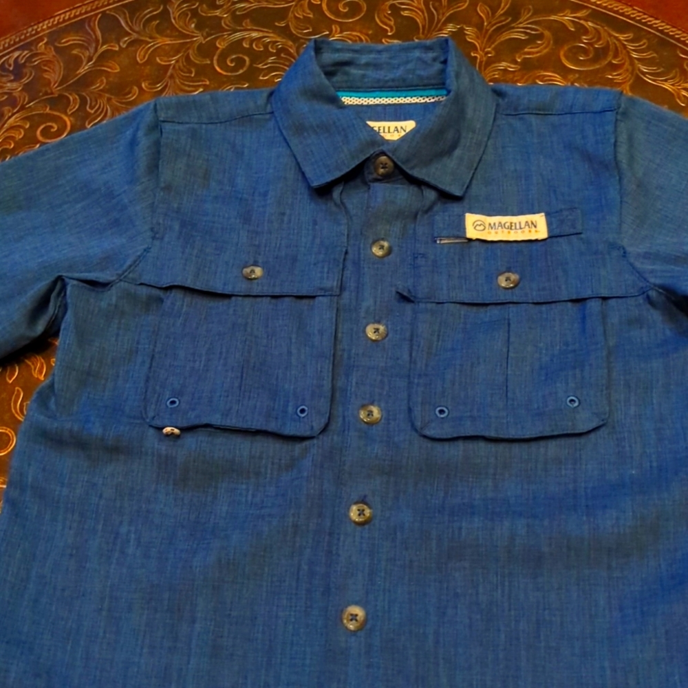 Boys Magellan Outdoors Aransas Pass HeatherBlue S/S Fishing Button down